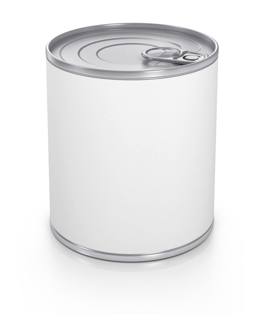 Can with blank white label isolated on white.